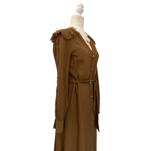 Diega Fringe Boho Dress Button Front Viscose Wool Maxi Self Tie Western Inspired - Picture 5 of 12